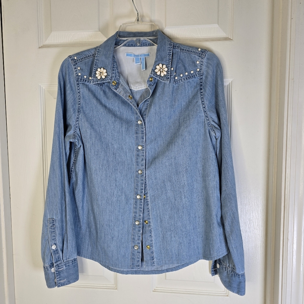 Draper James Blue Button Down Shirt with Floral rhinestone flowers 10 western